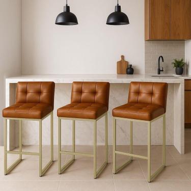 Imagem de Banqueta Cozinha Alta Com Encosto Industrial Kit 3 Champanhe Lirina Pu C05 - D'rossi Whisky