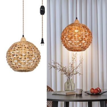 Imagem de Littleglovo Luminária Pendente De Vime Com Encaixe Plug-In, Cabo Regulável 16 Pés, Ideal Para Locatários, Abajur Redondo Teto Altura Ajustável, Estilo Boho, Cozinha, Sala Jantar E Estar