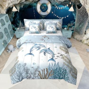 Imagem de Jogo de cama casal com golfinho oceano, 7 peças, azul-petróleo, litoral, litoral, mundo subaquático, para crianças, meninos, meninas, recifes de corais, peixes, kawaii, decoração de quarto