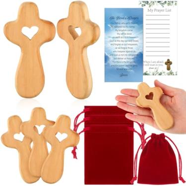 Imagem de Bucherry Conjunto de 3 cruzes de madeira de oliveira cruz meu coração pequenas com bolsas e cartões de oração Jesus Cristão segurando cruzes de mão em massa para presente de primeira comunhão de