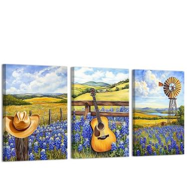 Imagem de CXHOSTENT Arte de parede ocidental 3 peças decoração de paisagem de fazenda arte em tela Texas bluebonnets campo moinho de vento imagens paisagem country pôster decoração de casa emoldurada (28 x 3