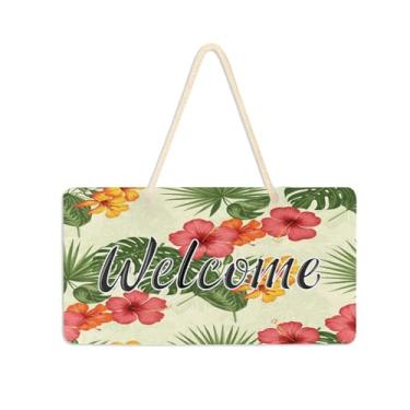 Imagem de Burbuja Placa de boas-vindas com folhas de flores tropicais para porta da frente, placa de boas-vindas de PVC para decoração de férias de casa de fazenda, 15 x 28 cm