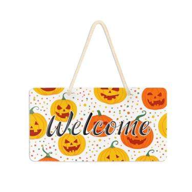 Imagem de Burbuja Placa de boas-vindas Pumpkins Spooky Faces para porta da frente, placa de boas-vindas de PVC para pendurar na parede, decoração de férias, 15 x 28 cm