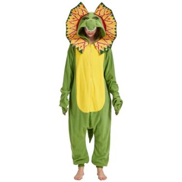 Imagem de NAMHTOM Macacão unissex adulto dilofossauro fantasia cosplay animal pijama fantasia halloween caixa cosplay roupa de dormir, Fantasia de macacão Dilophosaurus, GG