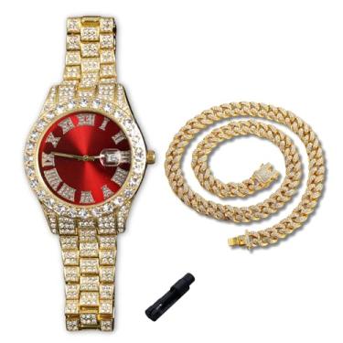 Imagem de genkigold Relógio de diamante dourado para meninos adolescentes - mostrador redondo com algarismos romanos de 42 mm em três cores - pulseira banhada a ouro real 18K de 20 cm - Inclui ferramenta de