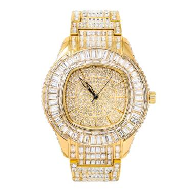 Imagem de Relógio baguete masculino de 48 mm totalmente gelado com diamantes simulados – Relógio luxuoso hip hop brilhante, pulseira de 17,78 cm, presente para ele, Dourado