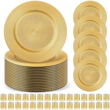 Imagem de Tanlade 50 Set Bright Gold Charger Plates Bulk with Napkin Rings Plastic 13" Plate Charger Fluted Edge Wedding Decoration for Table Wedding Party Event(Chain)