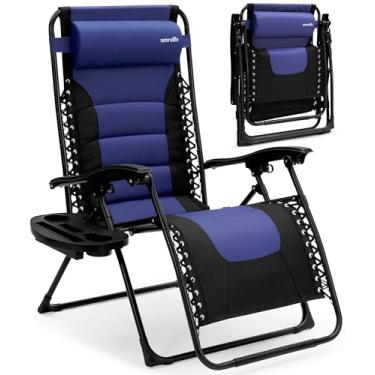 Imagem de SereneLife Cadeira reclinável acolchoada com gravidade zero – espreguiçadeira dobrável ajustável com mesa lateral, suporte de copo e encosto de cabeça, reclinável com trava, azul e preto, para pátio