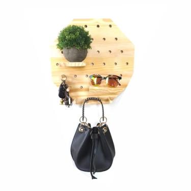 Imagem de KIAGA, Prateleira Pegboard Octagono Em Madeira Pinus com 10 Pinos, 1 Prateleira 13,5cm e 1 Prateleira 10cm Cor:PINUS NATURAL;Ta