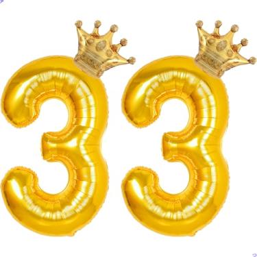 Imagem de 33 balões com números dourados de 101,6 cm para decorações de aniversário de 33 anos para homens e mulheres, balões gigantes de Mylar de 33 anos