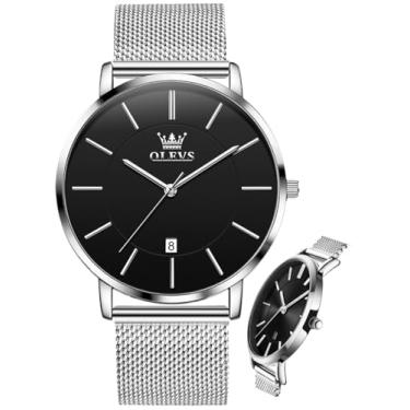Imagem de OLEVS Relógio masculino minimalista, ultrafino, moderno, casual, analógico, quartzo, data, à prova d'água, fino, simples, mostrador grande, relógio de pulso com pulseira de couro retrô para homens