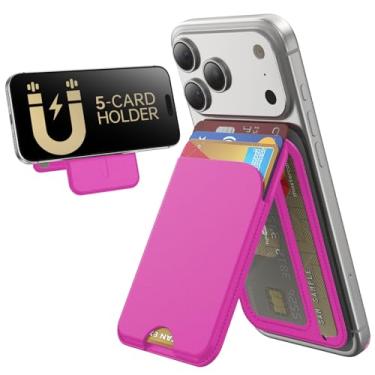 Imagem de TWZKG Carteira MagSafe, 5 porta-cartões com suporte, suporte magnético para iPhone 17/16/15/14/13/12 Pro Max Air Plus, couro vegano com bloqueio de RFID, rosa choque