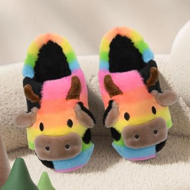 Imagem de Chinelos de vaca felpudos para crianças fofas de vaca fofa, chinelos de casa, crianças, meninas, meninos, desenhos animados, sapatos de casa para uso interno e externo, Arco-íris, 9.5-10.5 Toddler
