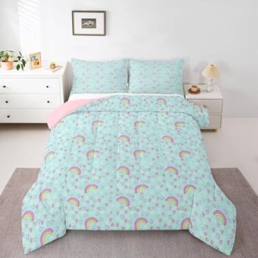 Imagem de Erosebridal Conjunto de edredom para meninas | Conjunto de cama com coração e arco-íris, geométrico, para decoração de quarto, desenhado à mão, macio, quente, 3 peças com 2 fronhas