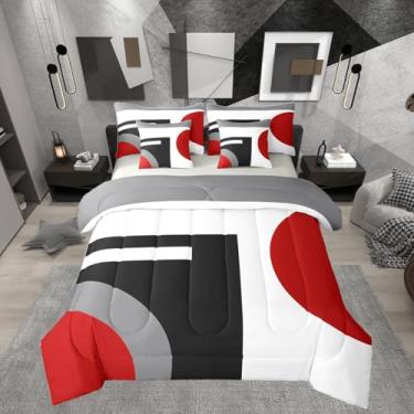 Imagem de Erosebridal Jogo de lençol geométrico casal, vermelho, preto e cinza, para adolescentes, abstrato, abstrato, rústico, para jovens e adultos, lençol de cima e lençol com elástico