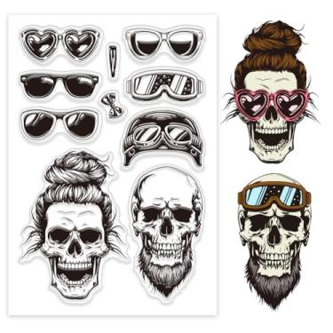 Imagem de 1 folha de carimbos transparentes de plástico PVC, carimbo de silicone personalizado com tema de Halloween, estampa de caveira e óculos, selos transparentes para fazer álbuns de fotos faça você mesmo