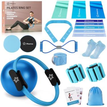 Imagem de Conjunto de anel e bola de pilates, kit essencial de pilates em casa para exercícios femininos, conjunto de equipamentos de ioga com círculo mágico de 35 cm, bola de 25 cm, 8 faixas de resistência