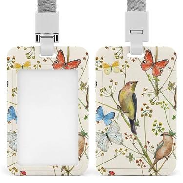 Imagem de Porta-crachá de identificação vintage natureza sem costura com pássaros, flores e borboletas com cordão, suporte de cartão de plástico com clipe de pressão removível para estudante, professor