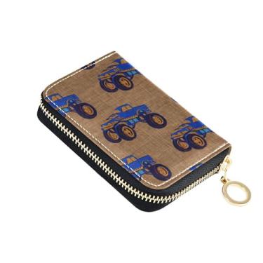 Imagem de Carteira feminina minimalista, de couro, com bloqueio de RFID, porta-cartões de crédito, caminhão, impressão, azul, marrom, carteira com zíper e bolsa para moedas