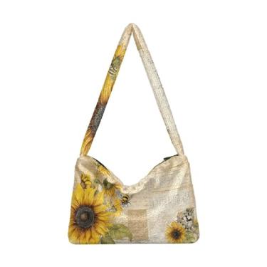 Imagem de Bolsa de ombro de dinossauro, bolsa de mão com fecho de zíper, bolsa de mão para mulheres, Abelha vintage de girassol, One Size