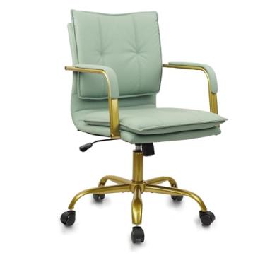 Imagem de CLATINA Cadeiras de mesa de couro para escritório em casa, cadeira giratória para computador no meio do encosto com pernas e braços dourados, cadeira de trabalho estofada confortável com rodas, verde