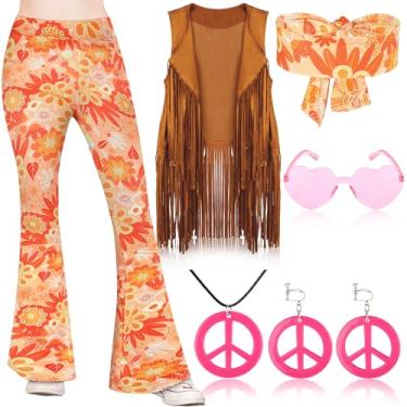 Imagem de Jenaai Conjunto de 7 peças de roupas hippie para meninas dos anos 60 e 70 anos 60, conjunto de acessórios, Conforme mostrado nas imagens, Medium