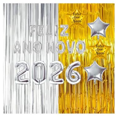 Imagem de Kit 22 Peças Balão Feliz Ano Novo 2026 Decoração Comemoração Especial+ Estrelas Cortina Metalizada(Kit 1)