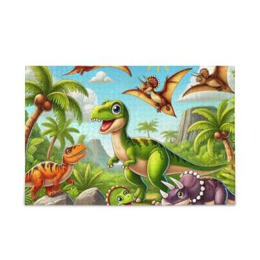 Imagem de Quebra-cabeça de 1000 peças de dinossauro verde de desenho animado de madeira e papel com bolsa de armazenamento, quebra-cabeças difíceis para adultos