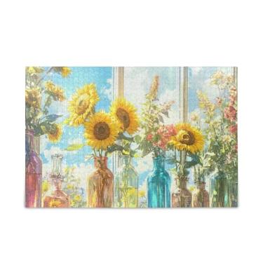 Imagem de Quebra-cabeça de madeira e papel com 1000 garrafas coloridas, girassóis, com bolsa de armazenamento, quebra-cabeças exclusivos para adultos