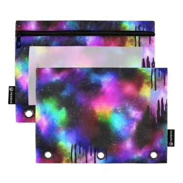 Imagem de Estojo de lápis com 3 argolas com estampa de galáxia colorida com zíper em aquarela, fichário para canetas, fichários escolares, bolsos transparentes, macios 25 x 18 cm, 2 pacotes