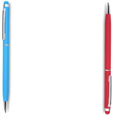 Imagem de Caneta esferográfica de metal escrita em azul, com ponta touch com corpo emborrachado Anotações modernas (Azul Claro e Vermelho)