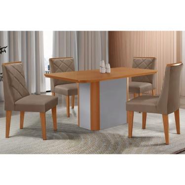 Imagem de Sala Jantar Mesa Pietá Tampo Curvo 120cm+4 Cadeiras Pietá Madeira Naturale/Off White - Capuccino/Suede Capuccino - Rufato