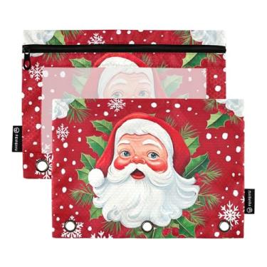 Imagem de GAIGEO Pasta de lápis Office com 3 anéis, bolsa de lápis, fichário com zíper, bolsos escolares transparentes, vintage, Natal, Papai Noel, vermelho, 25 x 18 cm, 2 pacotes
