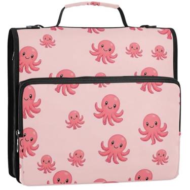 Imagem de Lindo organizador de fichário rosa polvos rosa com zíper 3 anéis, 3 anéis, bolsa escolar com alça de ombro, vários bolsos, pasta grande, 34,5 x 31,5 x 9 cm