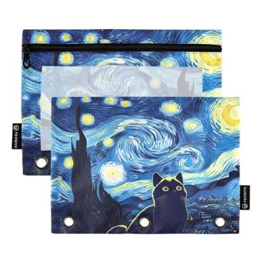 Imagem de GAIGEO Bolsa de lápis azul noite estrelada gato preto 3 anéis fichário caneta lápis bolsa zíper fichário escolar transparente bolsos florais 25 x 18 cm, 2 pacotes