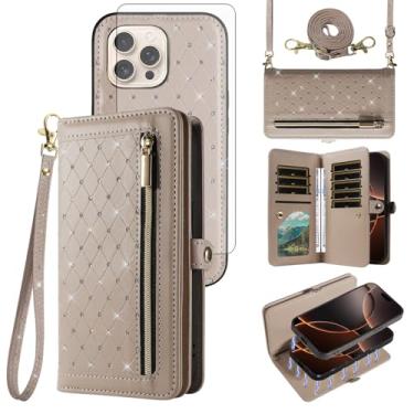 Imagem de Asuwish Capa de celular para iPhone 16 Pro com zíper carteira magnética destacável com protetor de tela de vidro temperado, alça transversal, flip brilhante, porta-cartão de crédito i Phone16 i16