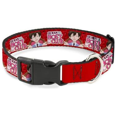 Imagem de Coleira para animais de estimação Crunchyroll, fivela de plástico para coleira de cachorro, pose sorridente Ouran Host Club Haruhi com rosas e logotipo vermelho, 24 a 33 cm de largura