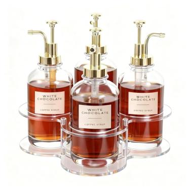 Imagem de IEEK Organizador giratório de xarope de café, suporte de garrafa de xarope para dispensador de xarope de café, 500 ml, suporte de xarope de café de acrílico transparente para bancada de café, bandeja