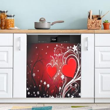 Imagem de ATTX Capa magnética para lava-louças coração vermelho dos namorados | Adesivo decorativo de eletrodomésticos de 58 x 66 cm para armários domésticos e eletrodomésticos #69