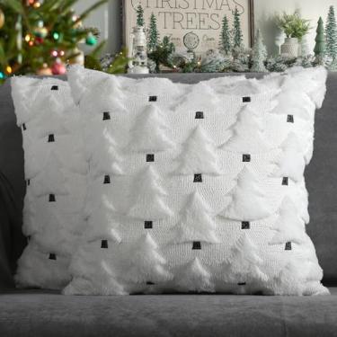 Imagem de 4TH Emotion Conjunto de 2 capas de almofada decorativas para árvores de Natal, 50,8 x 50,8 cm, capas de almofada brancas de pelúcia sintética para decoração de casa de Natal e inverno