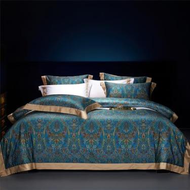 Imagem de Jogo de cama de algodão com estampa digital, estilo macio e sedoso, com capa de edredom, lençol de cima e de baixo com elástico, fronhas, tamanho Queen (200x230cm), 4 peças.