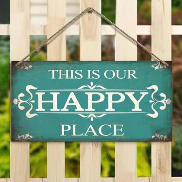 Imagem de Placa de fibra de densidade de 10 x 20 cm - esta é a nossa placa Happy Place, decoração rústica de casa de fazenda para cerca, varanda, jardim (casa vintage e design floral)