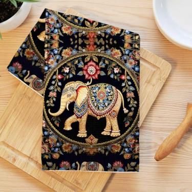 Imagem de Toalhas de cozinha de elefante vintage, elefante floral exótico decorativo pano de prato de microfibra absorvente toalha de chá, toalhas de mão macias de waffle para decoração de casa de banho