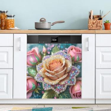 Imagem de ATTX Capa magnética para lava-louças Diamond Glitter Rose | Adesivo decorativo de eletrodomésticos de 58 cm x 66 cm para armários domésticos e eletrodomésticos #105