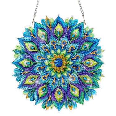 Imagem de DOMROM Kits de pendurar arte de diamante pavão para adultos iniciantes, pingente de pavão com pintura de diamante de cristal de formato especial, arte de diamante faça você mesmo, apanhadores de sol