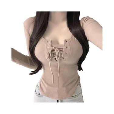 Imagem de Camisetas Femininas Slim De Manga Longa, Tops Cropped Com Renda Corean