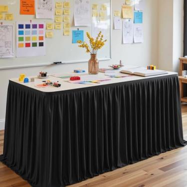 Imagem de Saia de mesa preta retangular, saias de mesa de 2,7 m, para professores, sala de aula, dormitório, mesa, chá de bebê, festa de aniversário, formatura, banquete, casamento, poliéster, plissado, saia de