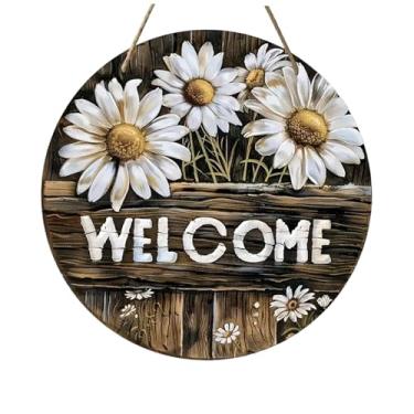 Imagem de Fenteer Placa de madeira decorativa de boas-vindas com margaridas, ideal para pendurar na, em ambientes internos e externos, cercas e feriados.