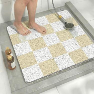Imagem de Tapete de chuveiro quadrado Loofah 61 cm x 61 cm, tapetes de chuveiro de secagem rápida com dreno, tapete de banho de bucha de PVC para quarto molhado e piso de banheiro, texturizado macio e seguro