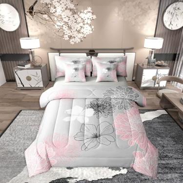 Imagem de Erosebridal Conjunto de edredom feminino floral boho rosa e cinza, 7 peças | Conjunto de cama com flores japonesas em uma bolsa para quarto, estética e romântica, com edredom, decoração de quarto de